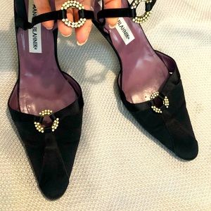 Manolo Blahnik Rare Black Two Tone Satin Slingback Sandals With Crystals.